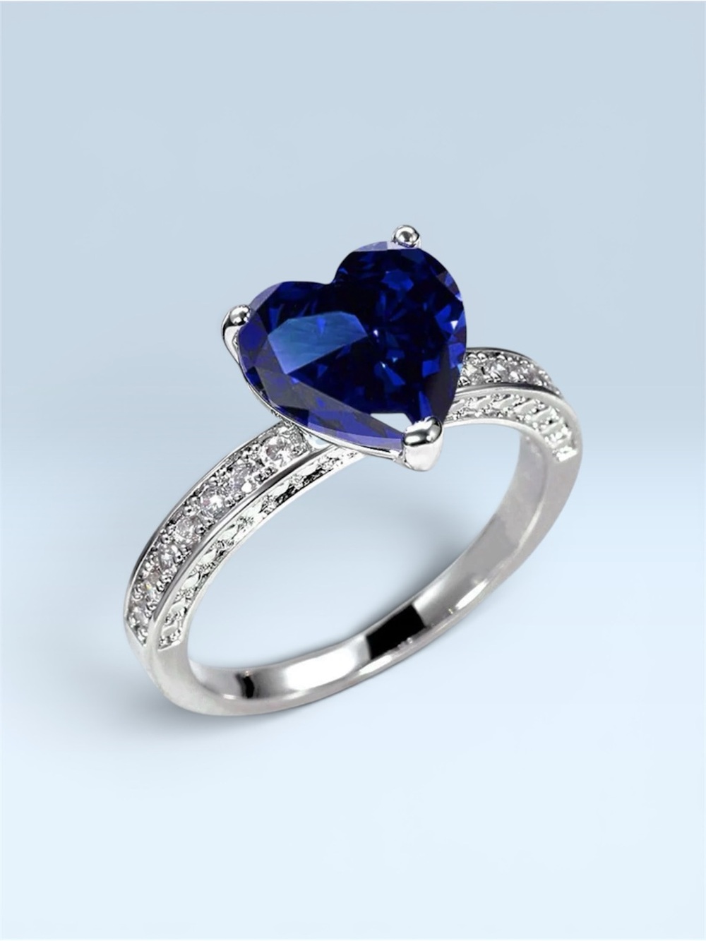 Blue Heart CZ Ring Silver Tone | Sapphire Look Solitaire Promise Ring